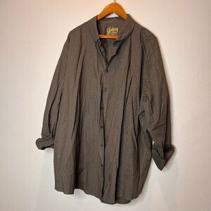 Johnny Bigg long-sleeve button-up shirt featuring a fine brown and navy checked